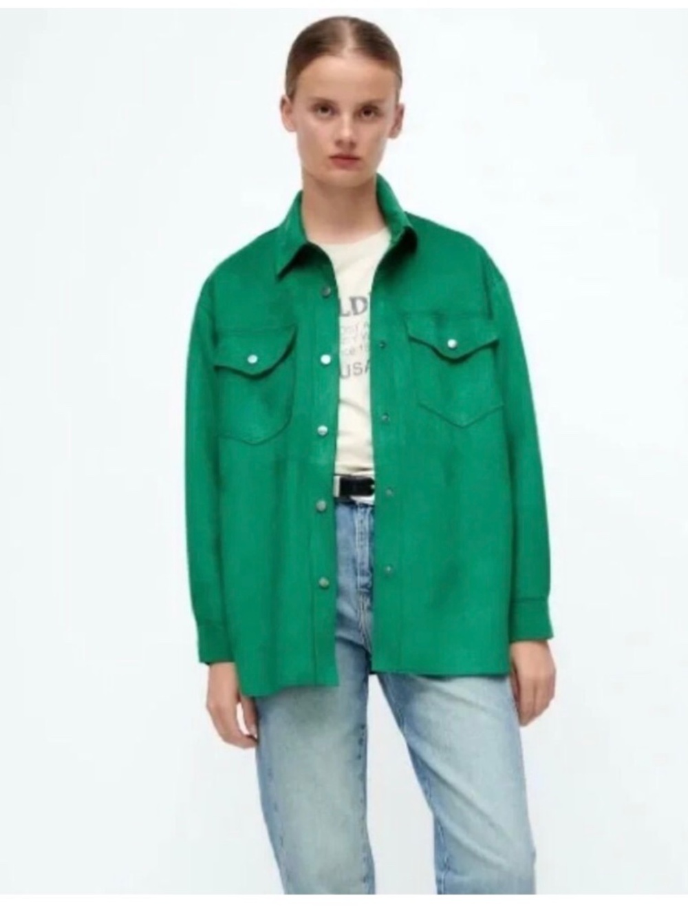 ZARA Faux Suede Longline Overshirt Jacket / Shacket Green, Size M